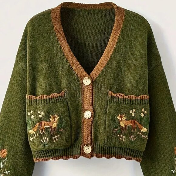Sweaters - Button Front Fox Nature Army Green Button Front Cardigan